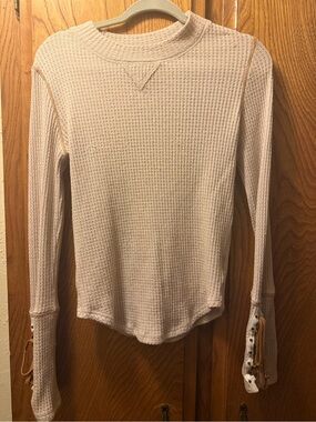 Free People Cream Waffle-Knit Long Sleeve Top with Cuff Ties